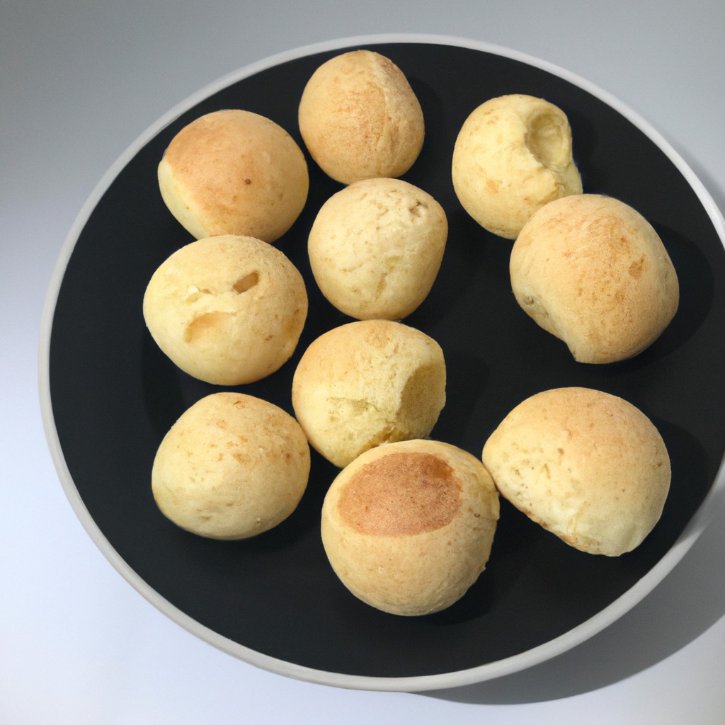 Imagem de pão de queijo assado em uma fritadeira de ar, com crosta dourada e centro macio e aerado. O forno de minas é um tipo tradicional de pão de queijo brasileiro, conhecido por sua textura crocante por fora e macia por dentro.