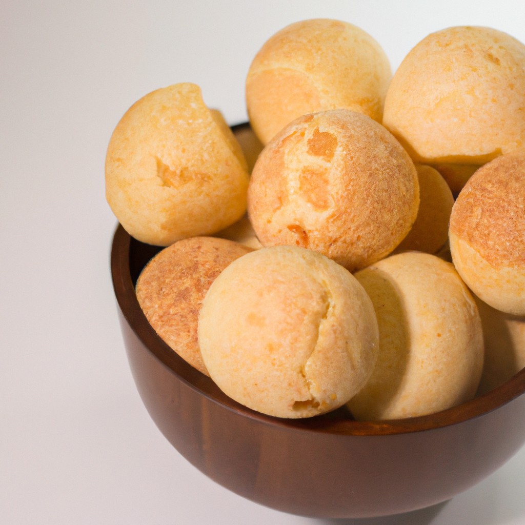 Imagem de um pão de queijo redondo e dourado, feito na Airfryer. O pão de queijo é coberto com queijo derretido e tem uma textura crocante.