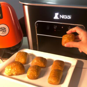 Imagem de um pão dourado recém-assado em uma airfryer, com uma crosta crocante e um interior macio e fofo.