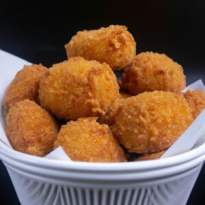 Uma foto de vários paolinhos dourados e crocantes servidos em um prato. Eles são guarnecidos com salsa fresca e limão.