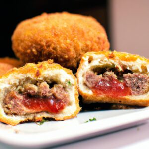Imagem de um pastel de hambúrguer frito ao ar, com uma crosta dourada e recheio suculento. Pastel de hambúrguer caseiro feito na Airfryer, uma receita fácil e saborosa para um lanche ou refeição rápida.