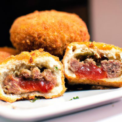 Imagem de um pastel de hambúrguer frito ao ar, com uma crosta dourada e recheio suculento. Pastel de hambúrguer caseiro feito na Airfryer, uma receita fácil e saborosa para um lanche ou refeição rápida.