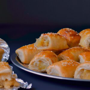Imagem de um pastel de maçã dourado e crocante saindo de uma Airfryer. O pastel tem uma crosta escamosa, recheio de maçã quente e canela polvilhada por cima.