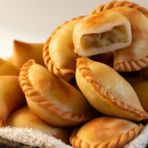 Pastel de palmito assado em uma airfryer, com uma crosta crocante e recheio cremoso e saboroso. O pastel é cortado ao meio, revelando o interior amanteigado e o recheio verde-claro.