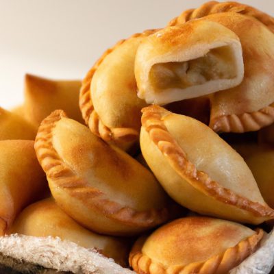 Pastel de palmito assado em uma airfryer, com uma crosta crocante e recheio cremoso e saboroso. O pastel é cortado ao meio, revelando o interior amanteigado e o recheio verde-claro.