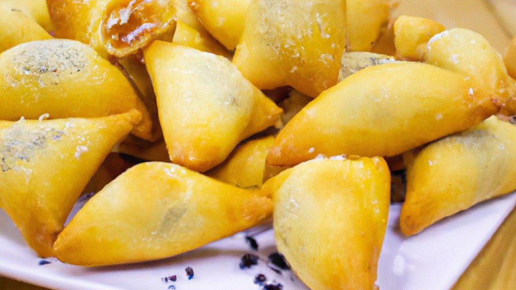 Imagem de pastel de rap10 dourado e crocante feito na airfryer, mostrando sua forma triangular e recheio visível.