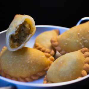 Imagem de um prato com pasteis de ricota fritos na Airfryer. Os pasteis têm formato triangular e são dourados e crocantes. Eles são recheados com um creme de ricota cremoso e polvilhados com açúcar de confeiteiro.