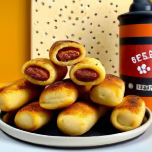 Foto de pastéis de salsicha fritos no ar, preparados em uma fritadeira de ar. Os pastéis são dourados e crocantes, com a salsicha cozida no interior.