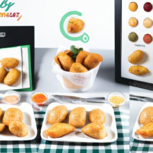 Imagem de uma airfryer cheia de pastéis fritos e dourados, com um prato ao lado contendo mais pastéis.