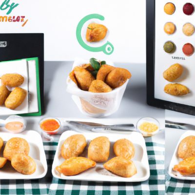 Imagem de uma airfryer cheia de pastéis fritos e dourados, com um prato ao lado contendo mais pastéis.