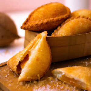 Imagem de Pastelzinho de Belém feito na Airfryer, com uma crosta folhada e dourada e um interior cremoso e cozido. O pastelzinho está situado sobre uma superfície branca, com uma pitada de açúcar de confeiteiro polvilhada por cima.