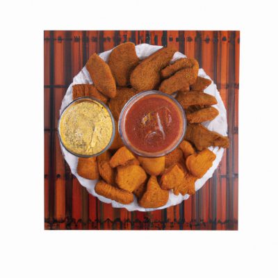 Imagem de um prato de patacones fritos na airfryer, um prato típico da Colômbia. Os patacones são fatias de banana-da-terra verde que são fritas duas vezes, resultando em uma casca externa crocante e um interior macio e amanteigado.