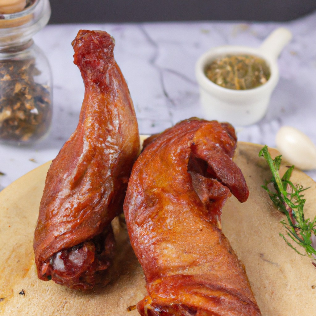 Imagem de um pato inteiro temperado dentro da cesta da airfryer. O pato está dourado e crocante, com um limão partido ao meio do lado.