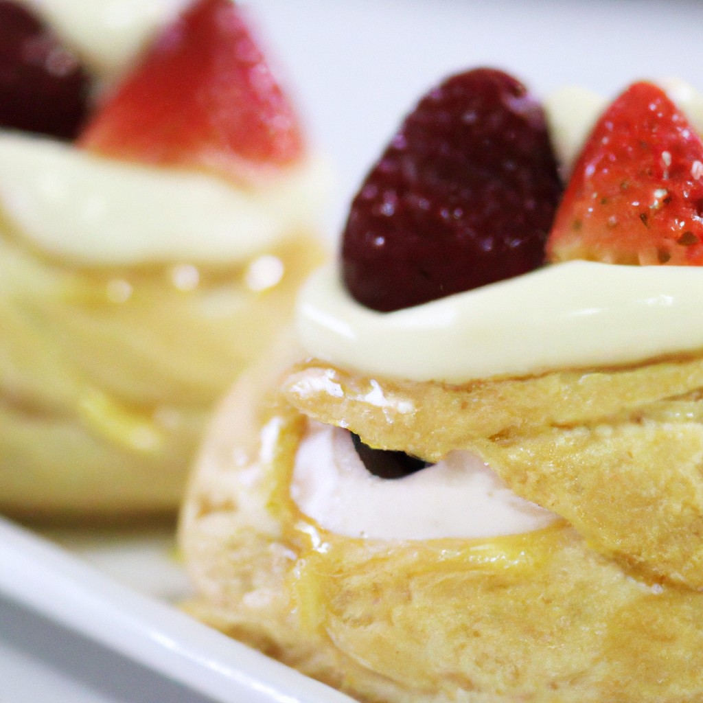 Uma imagem aérea de uma Pavlova preparada na Airfryer. A Pavlova é uma sobremesa crocante por fora e macia por dentro, coberta com chantilly e frutas vermelhas frescas. O fundo é branco e as bordas da Pavlova são douradas.