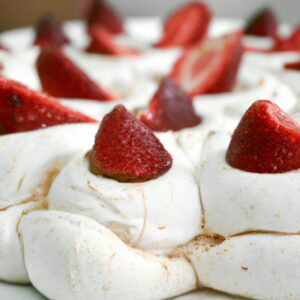 Uma imagem de uma Pavlova crocante e dourada feita na Airfryer. A Pavlova é coberta com chantilly e frutas frescas, como morangos e mirtilos.