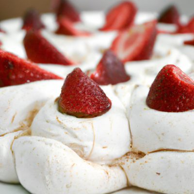 Uma imagem de uma Pavlova crocante e dourada feita na Airfryer. A Pavlova é coberta com chantilly e frutas frescas, como morangos e mirtilos.