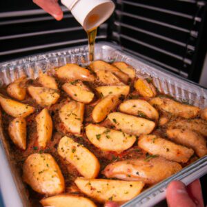 Imagem de um peito de frango assado com batatas em uma Airfryer. O frango é dourado e suculento, enquanto as batatas são crocantes e macias. A Airfryer é um aparelho de cozinha que circula ar quente ao redor dos alimentos, resultando em alimentos crocantes e cozidos por igual.