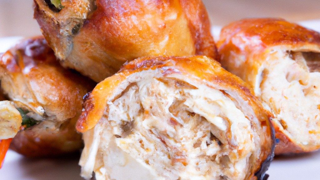 Imagem de um peito de frango recheado com espinafre, queijo e presunto, cozido em uma airfryer. O frango é dourado e suculento, com o recheio derretido e borbulhante.