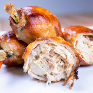 Imagem de um peito de frango recheado com espinafre, queijo e presunto, cozido em uma airfryer. O frango é dourado e suculento, com o recheio derretido e borbulhante.