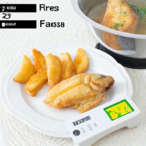 Imagem de um prato com peixe cozido à portuguesa na airfryer. O peixe é dourado e crocante, servido com batatas cozidas e legumes assados. O prato é guarnecido com ervas frescas e um toque de limão.