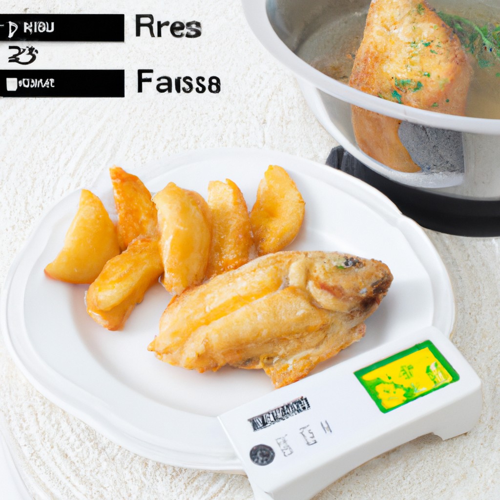 Imagem de um prato com peixe cozido à portuguesa na airfryer. O peixe é dourado e crocante, servido com batatas cozidas e legumes assados. O prato é guarnecido com ervas frescas e um toque de limão.