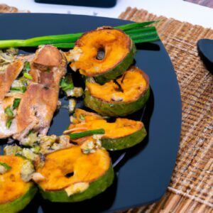 Imagem de peixe grelhado com abobrinha assada em uma airfryer. O prato é servido em um prato branco e guarnecido com fatias de limão.