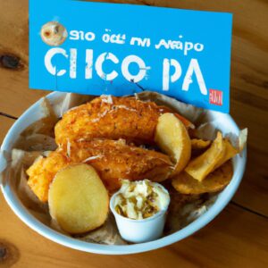 Imagem de um filé de peixe empanado e assado em uma airfryer, servido com batatas fritas crocantes em um prato. O peixe está dourado e escamoso, enquanto as batatas são douradas e crocantes.