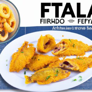Imagem de peixe empanado dourado e crocante feito na Airfryer, servido em um prato branco com fatias de limão e ervas. A Airfryer está ao fundo.