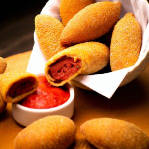 Imagem de fatias de pepperoni empanado douradas e crocantes, servidas em um prato com um molho de tomate ao lado. O pepperoni é coberto com uma crosta dourada e crocante, enquanto o interior é macio e suculento. O molho de tomate é vermelho escuro e espesso, com pedaços de tomate visíveis.