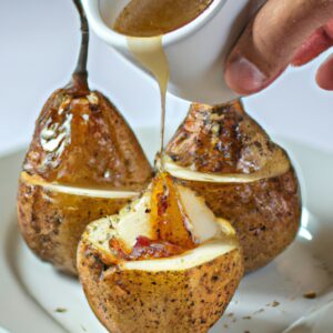 Imagem de uma pera assada na Airfryer, coberta com mel e queijo gorgonzola. A pera está fatiada e disposta em um prato, com mel escorrendo por cima. O queijo gorgonzola é esfarelado sobre a pera.