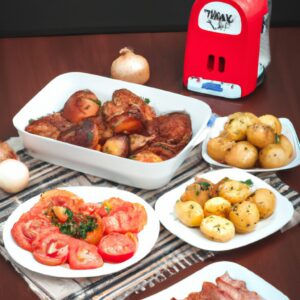 Imagem de um prato com pernil assado e batatas douradas, preparados na Airfryer. O pernil está suculento e cortado em fatias, enquanto as batatas estão crocantes e temperadas. O fundo do prato é forrado com papel manteiga para facilitar a limpeza.