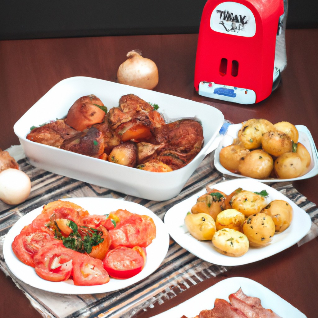 Imagem de um prato com pernil assado e batatas douradas, preparados na Airfryer. O pernil está suculento e cortado em fatias, enquanto as batatas estão crocantes e temperadas. O fundo do prato é forrado com papel manteiga para facilitar a limpeza.