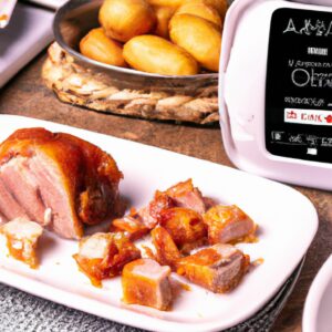 Imagem de pernil de porco cortado em cubos e cozido na airfryer. Os cubos são dourados e crocantes, com uma crosta temperada. Ao fundo, há uma tigela com o pernil ainda cru, pronto para ser temperado.