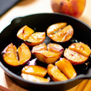 Imagem de pêssegos caramelizados em uma air fryer. Os pêssegos são dourados e caramelizados, com uma pitada de canela e açúcar.
