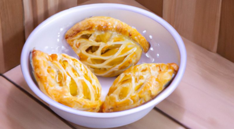 Imagem de petiscos de massa folhada preparados na Airfryer, mostrando os petiscos dourados e crocantes dispostos em um prato.