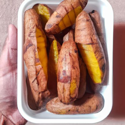 Imagem de batatas-doces fatiadas e crocantes em uma cesta de fritadeira, com um fundo desfocado de uma bancada de cozinha.