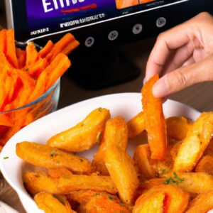 Imagem de cenouras fritas crocantes e douradas preparadas na Airfryer. Essas cenouras são um petisco rápido e fácil de fazer, pronto em apenas 20 minutos.