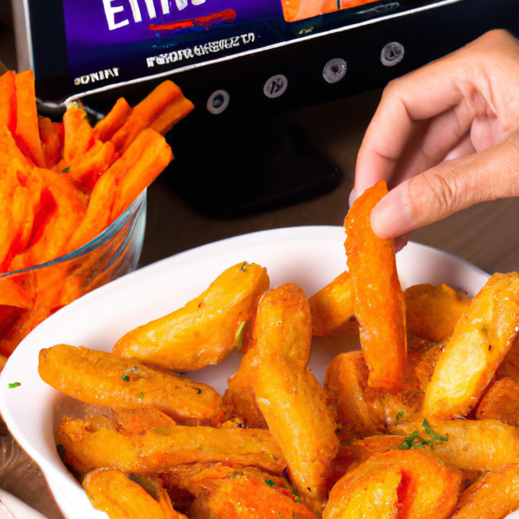 Imagem de cenouras fritas crocantes e douradas preparadas na Airfryer. Essas cenouras são um petisco rápido e fácil de fazer, pronto em apenas 20 minutos.