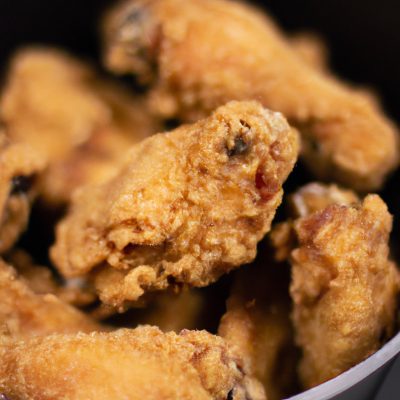 Imagem de petiscos de frango crocantes e dourados cozidos na Airfryer, servidos em um prato com um molho para mergulhar.