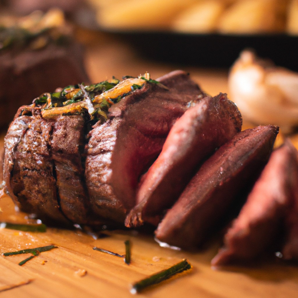 Uma picanha suculenta e grelhada na Airfryer, coberta com manteiga derretida e alho picado, resultando em uma iguaria saborosa.
