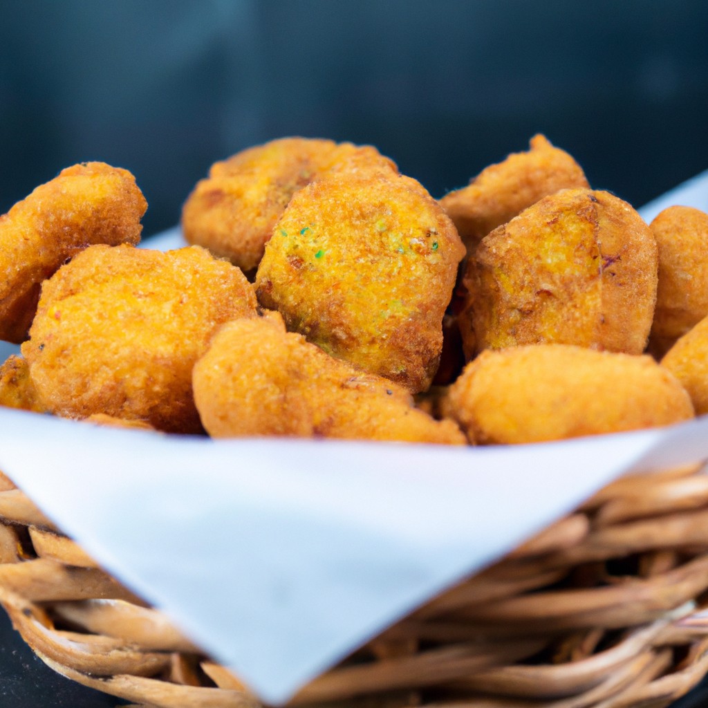 Imagem de picles cortados em rodelas empanados e dourados em uma Airfryer. Os picles estão dispostos em uma cesta de metal dentro da Airfryer, com um fundo branco desfocado.