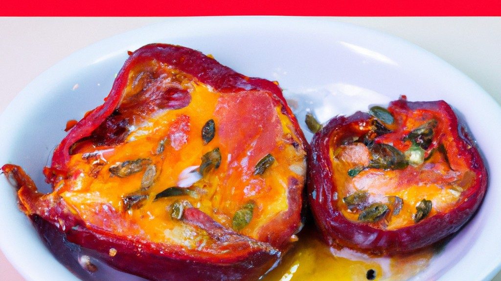 Imagem de uma frigideira de ar cheia de pimentões fatiados e ovos cozidos. Os pimentões são coloridos e os ovos são amarelos e brancos. A frigideira de ar está em cima de uma superfície de madeira.