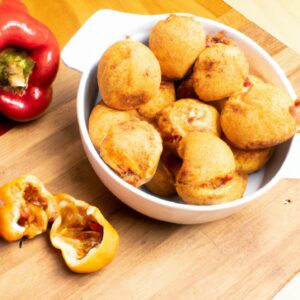 Imagem de pimentões empanados crocantes e dourados, preparados na Airfryer. Os pimentões são cortados em tiras e cobertos com uma crosta crocante e saborosa. O fundo da imagem mostra uma Airfryer, indicando o método de cozimento usado.