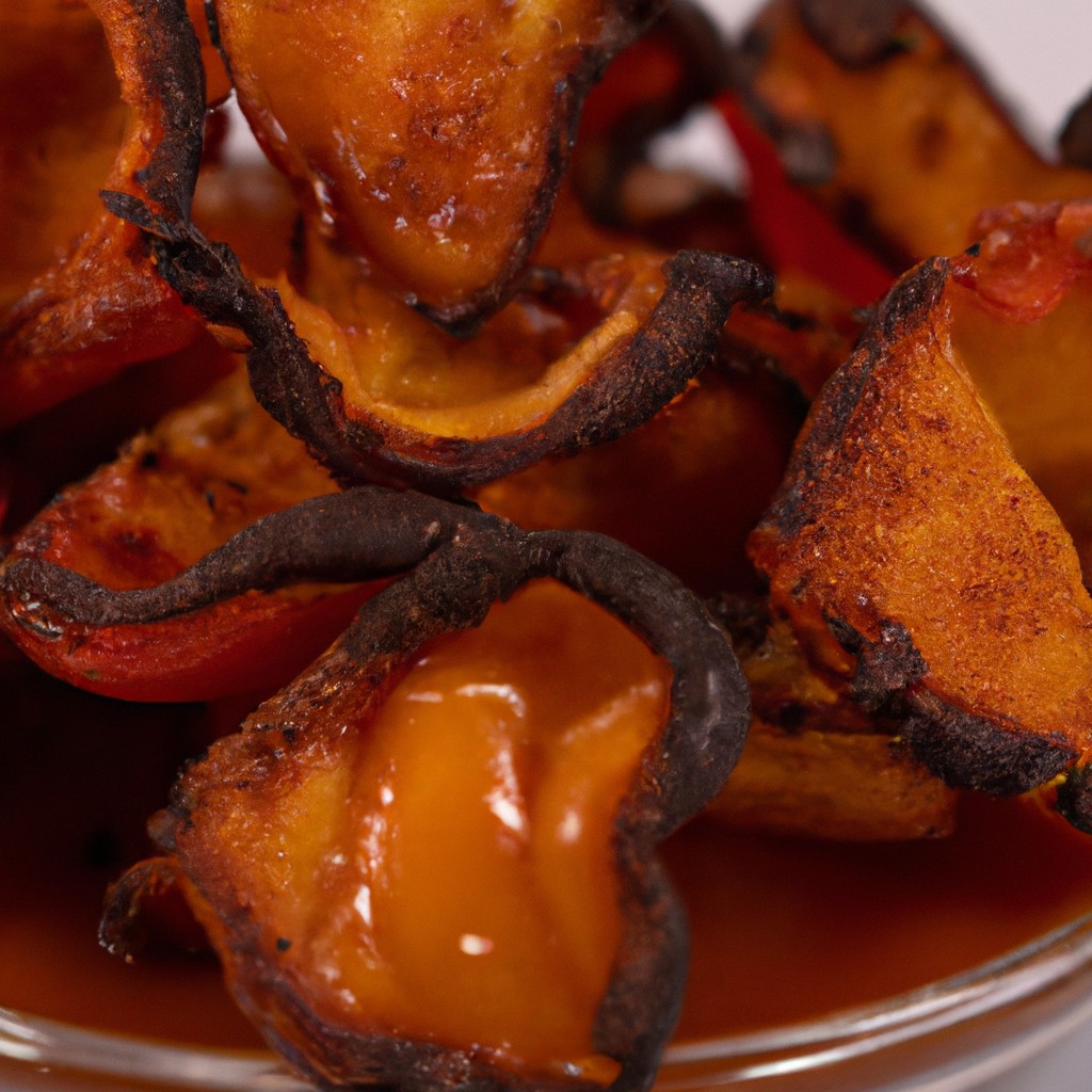 Imagem de pimentões vermelhos, amarelos e verdes marinados com mostarda e mel, grelhados na Airfryer. Os pimentões estão caramelizados e ligeiramente carbonizados, com um brilho brilhante. Eles são servidos em um prato branco, polvilhados com ervas frescas.