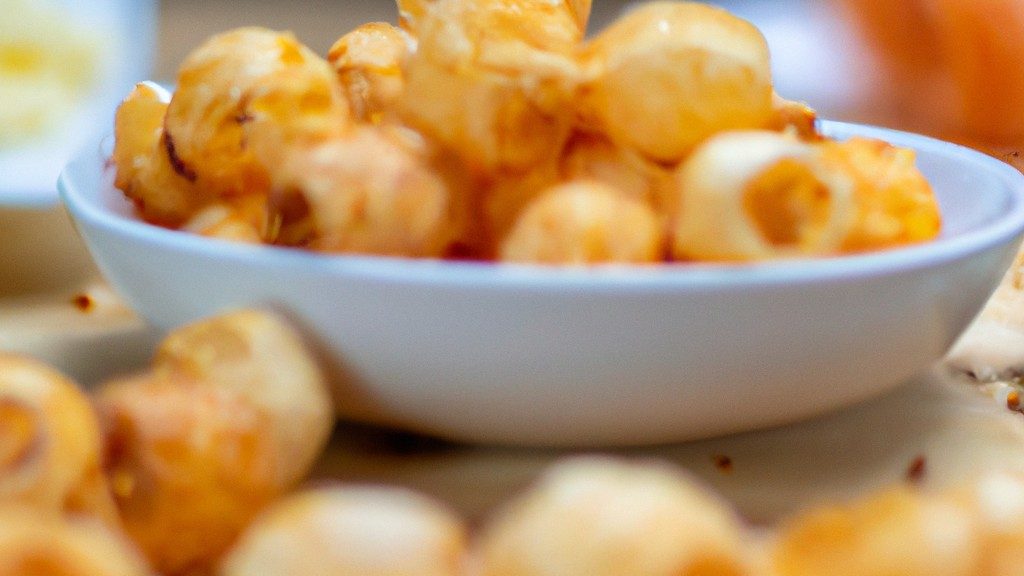 Imagem de pipoca de batata crocante e dourada feita em uma Airfryer. A pipoca é servida em uma tigela com um fundo vermelho e tem uma pitada de sal e páprica polvilhada por cima.