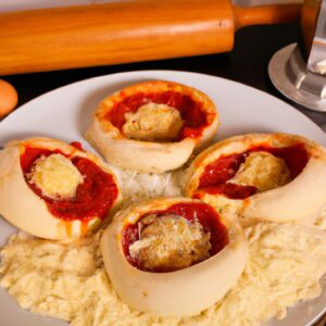 Pizza redonda e crocante, feita com uma base de pastel assada na Airfryer. A pizza é coberta com molho de tomate, queijo derretido e coberturas coloridas, como pimentões, cebolas e azeitonas. O fundo da pizza é dourado e crocante, enquanto o topo é borbulhante e cheio de queijo.