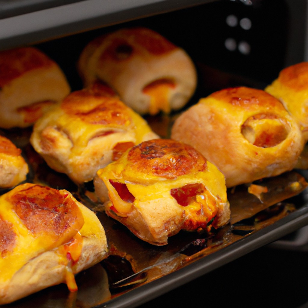 Imagem de uma airfryer aberta com uma fatia de pizza feita com pão de forma colocada dentro. A pizza é coberta com calabresa, queijo derretido e outros ingredientes.