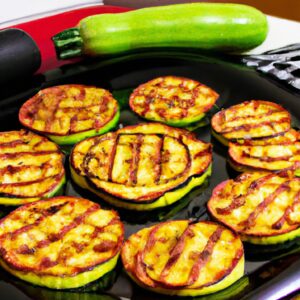 Imagem de uma pizza de abobrinha assada na Airfryer. A pizza tem uma crosta dourada e é coberta com fatias de abobrinha, queijo derretido e ervas frescas.