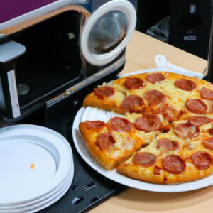 Imagem de pizza caseira cozida em uma Airfryer, com crosta crocante e dourada e recheios derretidos e borbulhantes.