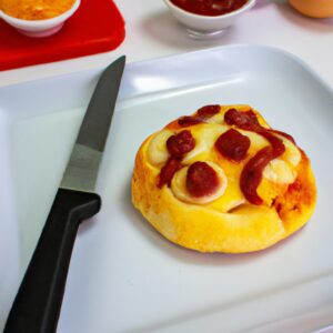 Imagem de uma pizza de pão árabe pronta na Airfryer, com cobertura de molho de tomate, queijo derretido e outros ingredientes. A pizza está sobreposta em uma tábua de cortar de madeira.